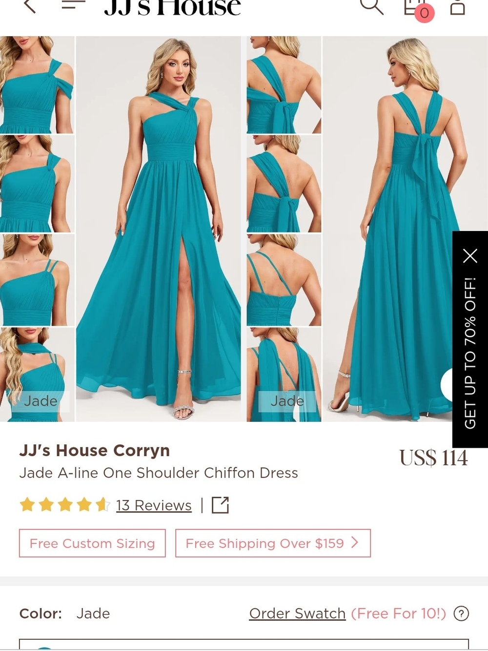 JJs House Corryn Jade A-line One-Shoulder Chiffon Dress, Bridesmaid, Prom